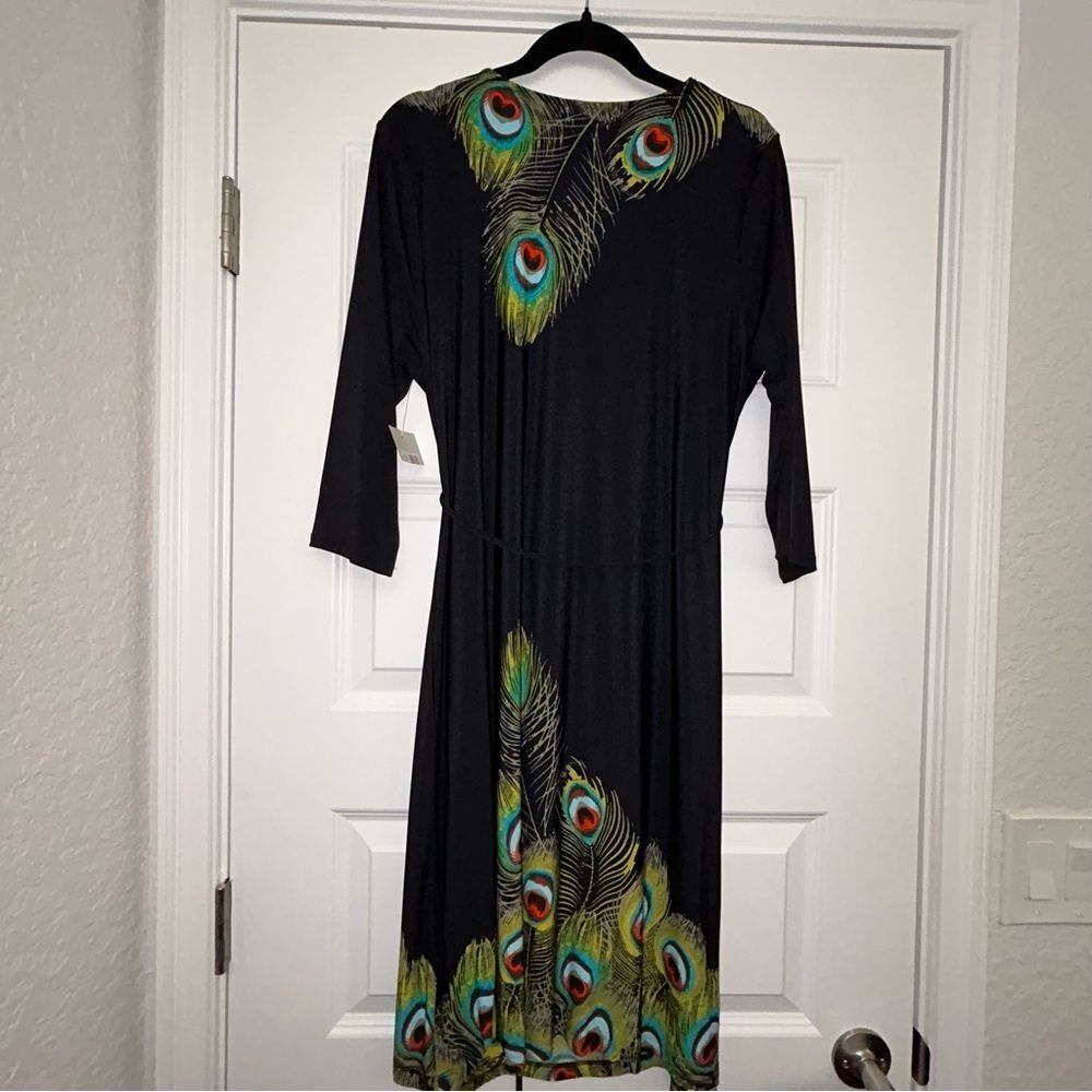 New, Madison Peacock Feather Print Cowlneck 3/4 Length Sleeve Dress - Picture 7 of 8